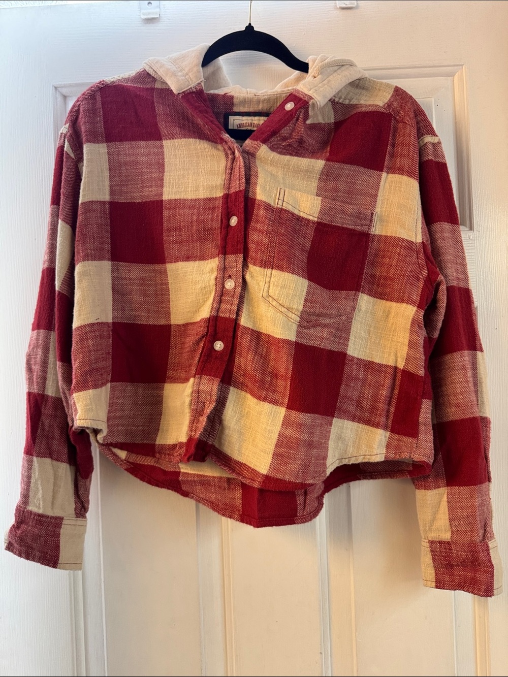 American Eagle Outfitters Red and Cream Plaid Hooded Button-Up Shirt - Picture 1 of 2